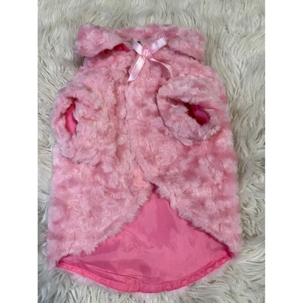 Pink Faux Fur Pet Vest with Satin Bow Small Dog Cat Plush Coat